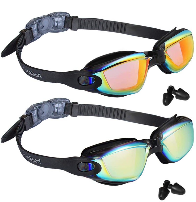 EverSport Swim Goggles, Pack of 2 Swimming Goggles, Swim Glasses No Leaking Anti Fog UV Protection for Adult Men Women Youth Kids Child, Watertight (Black with Aqua Lens&Black with Orange Lens) - Image 1